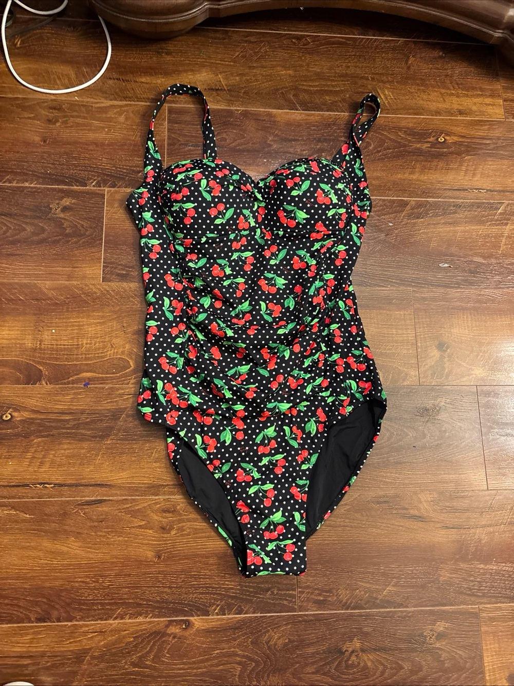 NWT Betsey Plus Size Black Polka Dot Cherries one piece swimsuit retro pin up 1X